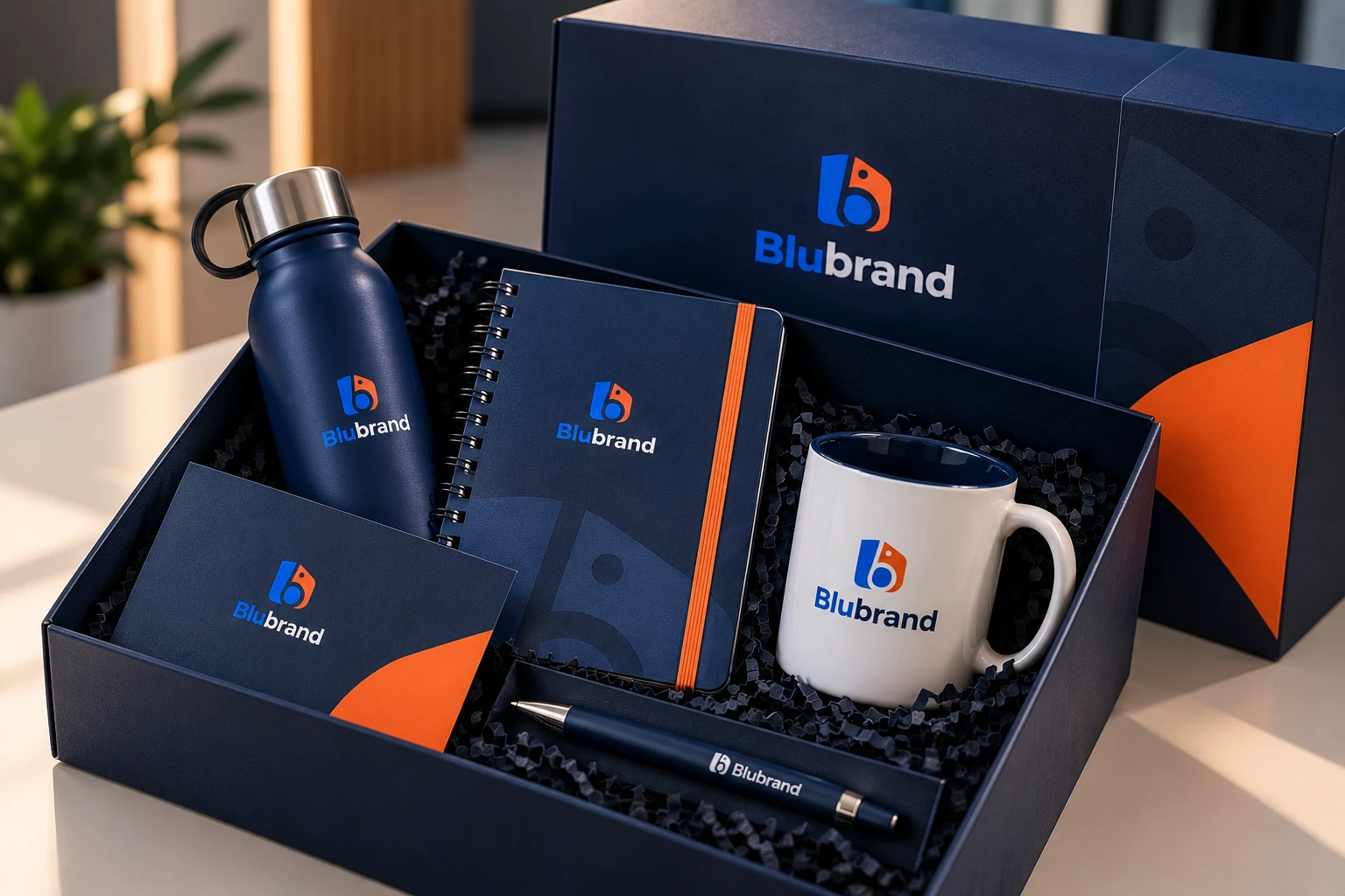 Composição ilustrativa de kit corporativo com caixa, garrafa, caderno, caneta e caneca